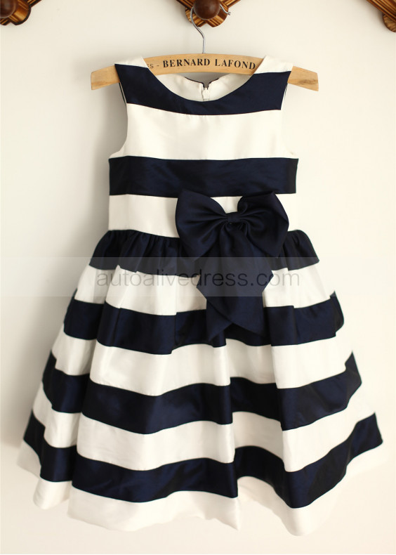 Ivory Navy Blue Stripe Taffeta Flower Girl Dress